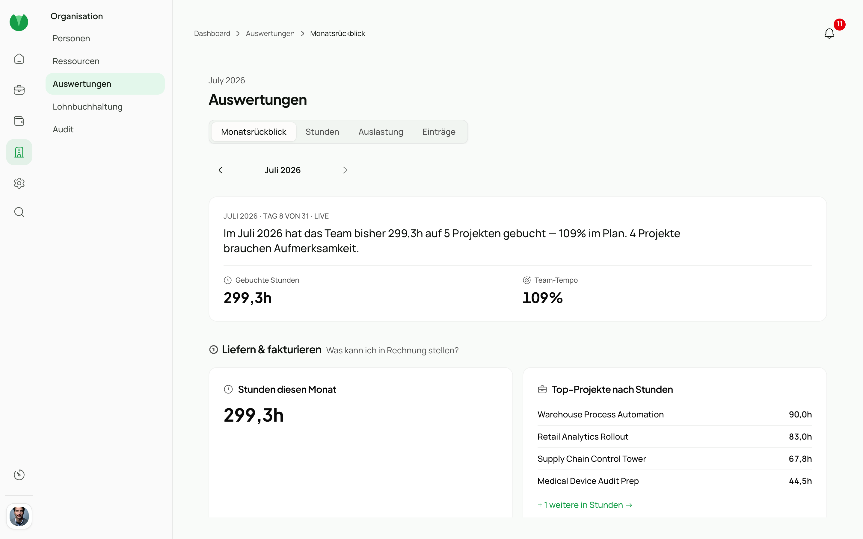 Monatsrückblick mit Stunden, Auslastung und Trends.