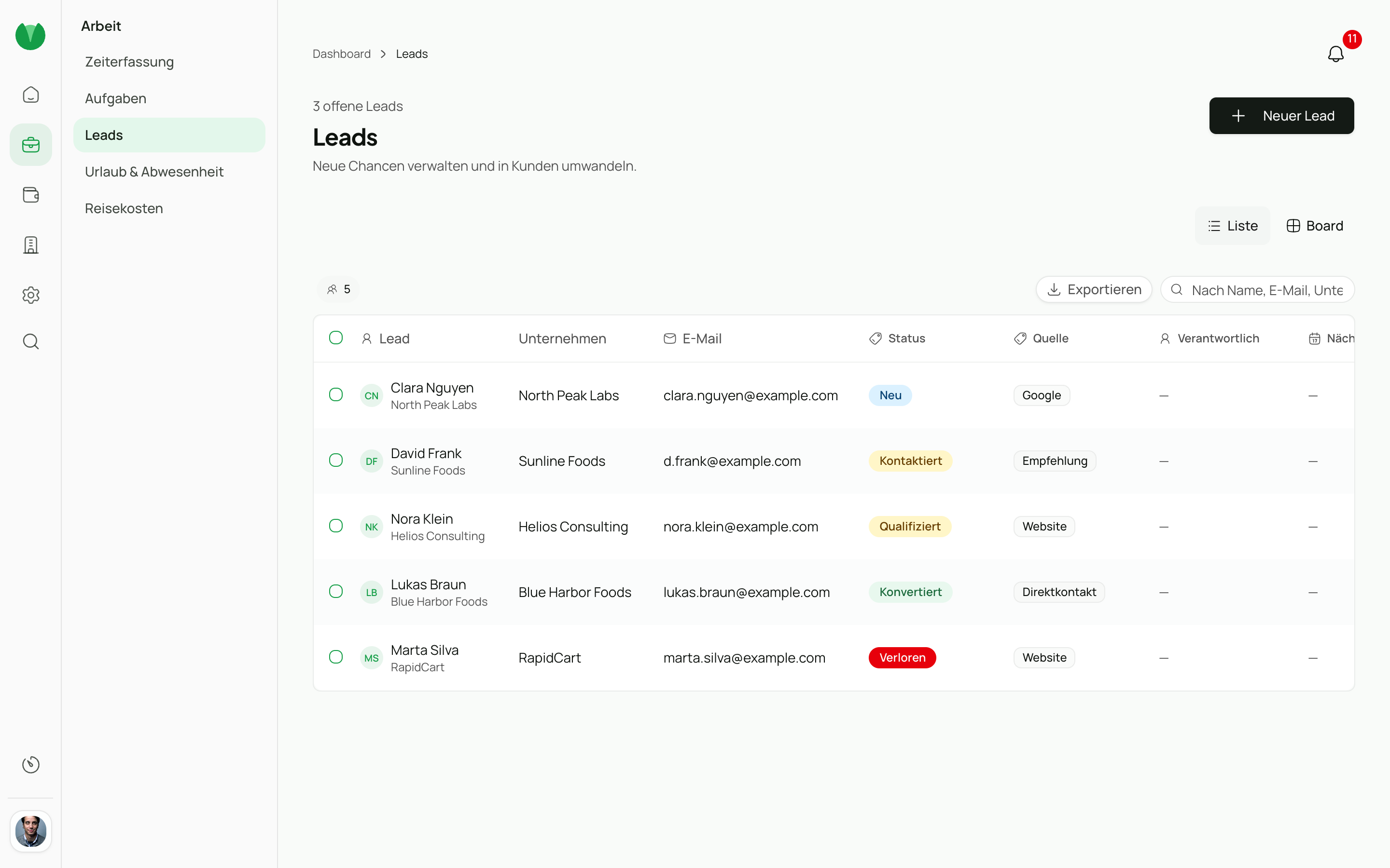 Leads-Pipeline mit Phasen, Verantwortlichen und nächsten Schritten.