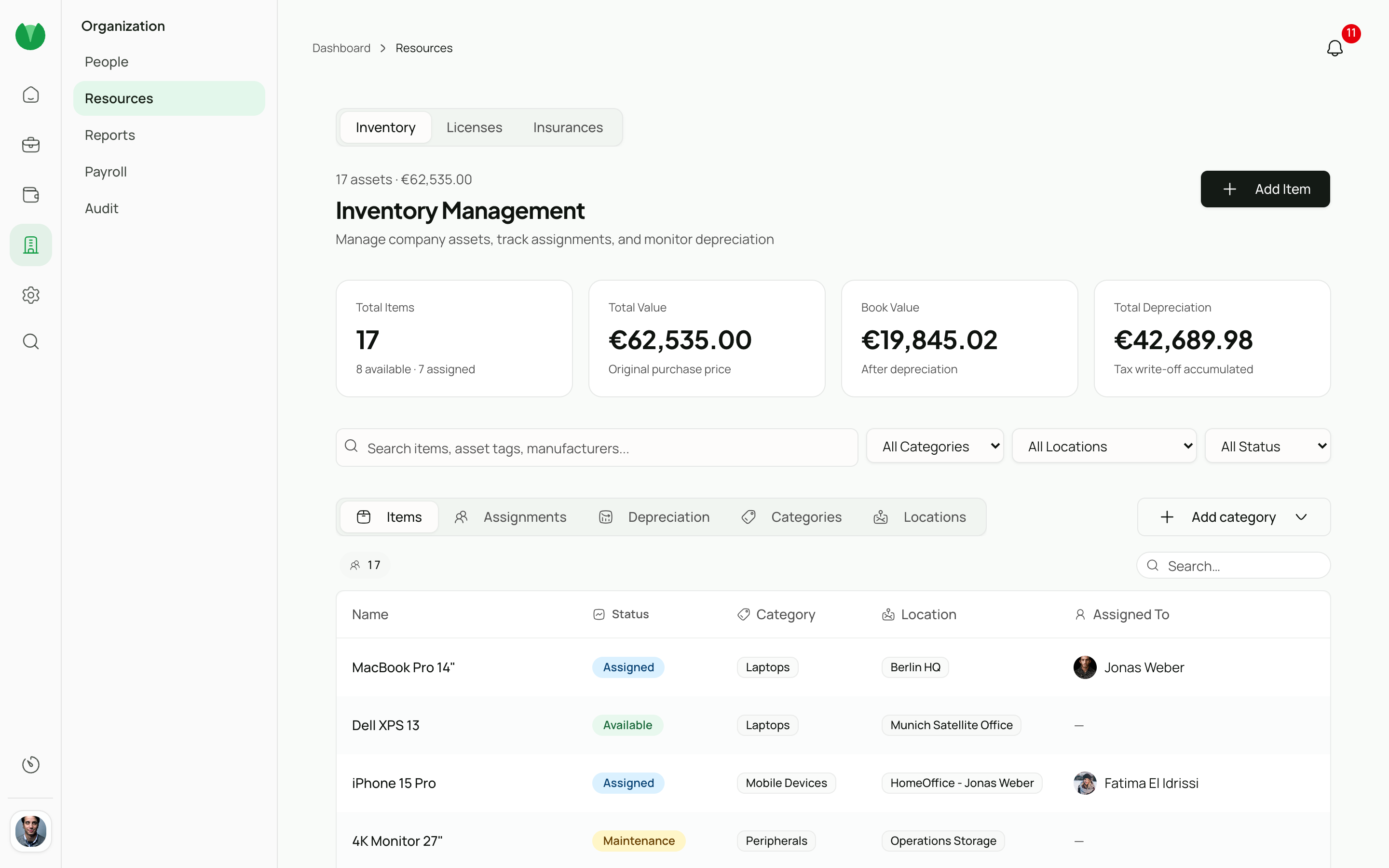 Inventory with stock levels, availability, and project links.