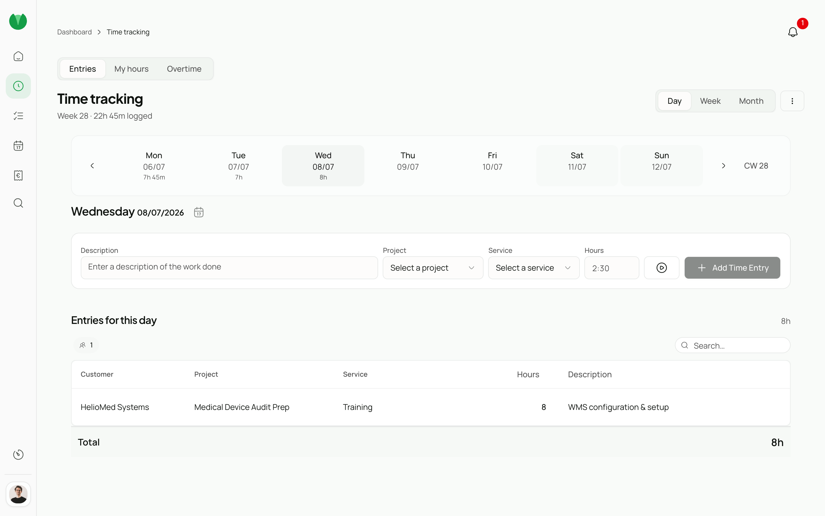 Time entry with project selection, duration, and notes.