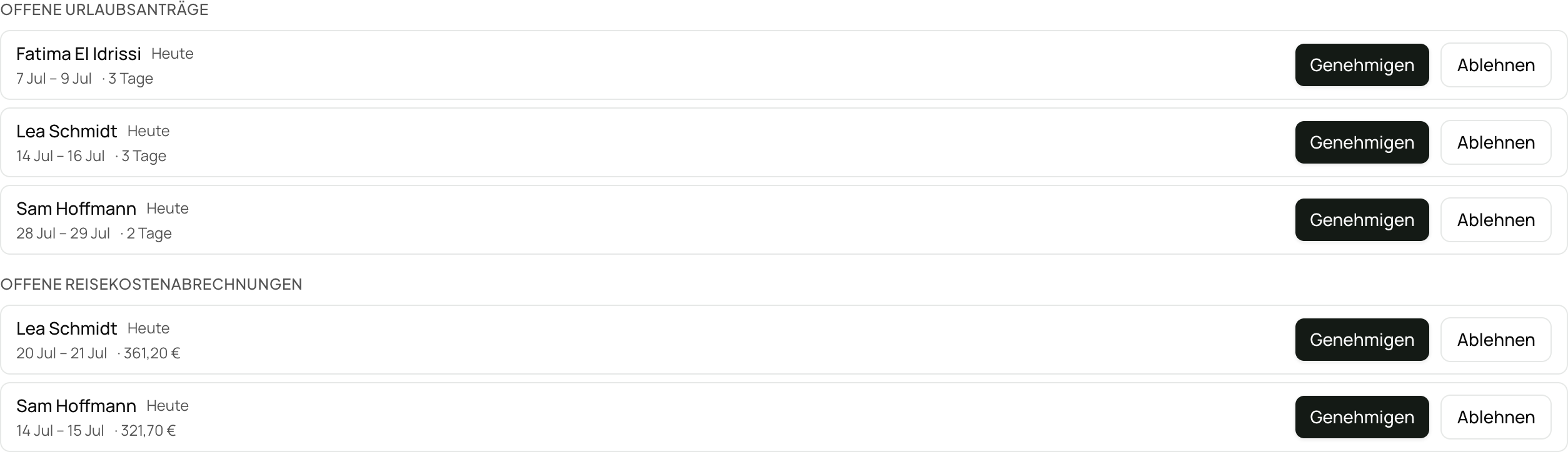 Freigabe-Inbox mit offenen Urlaubs- und Reisekosten-Anträgen.