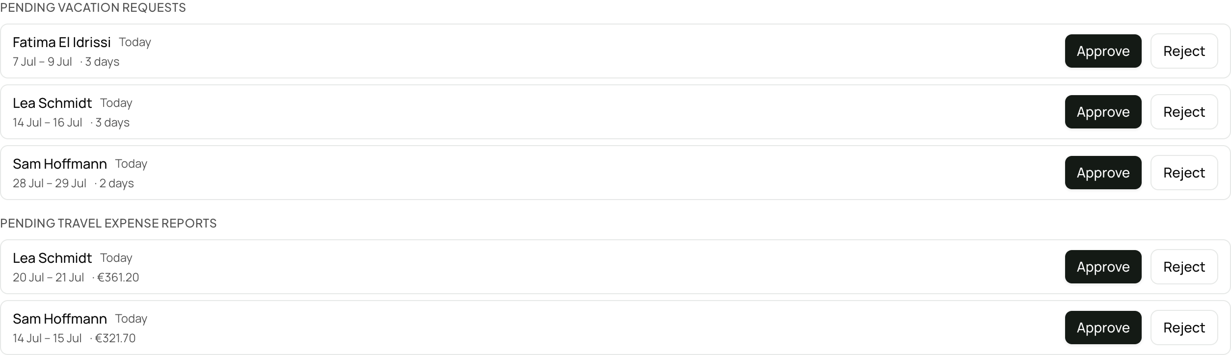 Approvals inbox with pending vacation and travel-expense requests.
